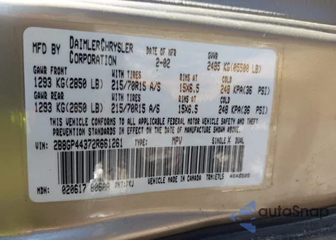 2002 Dodge Grand Caravan Sport из США, поврежденный, VIN 2B8GP44372R661261